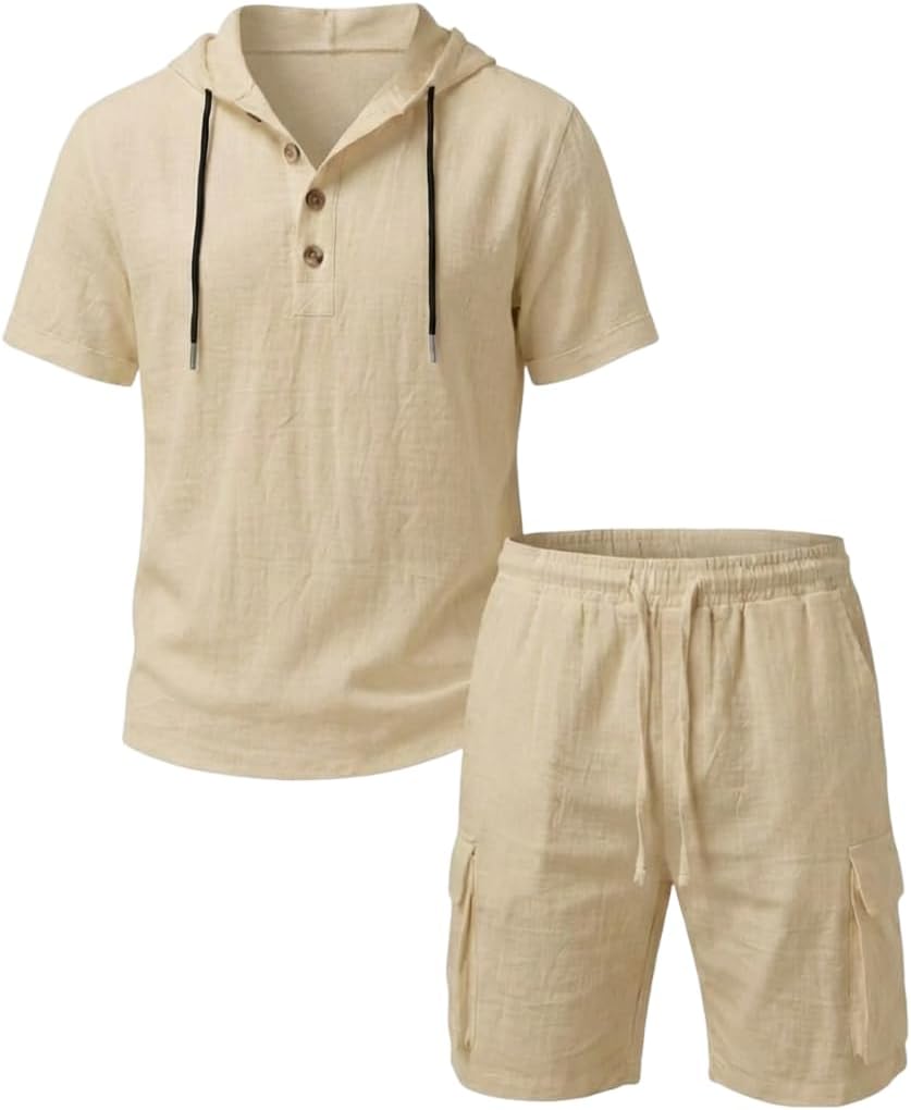 Men's Linen 2-Piece Set, Short Sleeve Hoodie and Cargo Shorts, Casual Loose Fit Summer Beach Outfit, White (US, Alpha, Small, Regular, Regular, Khaki)