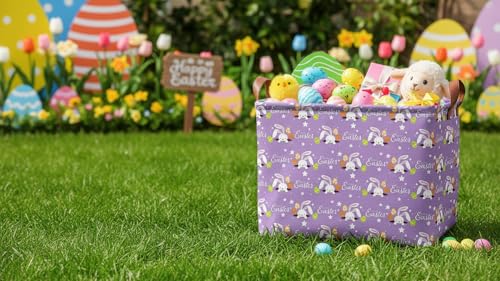 Image of Rectangle Storage Basket with Handles,Collapsible Storage Bin,Books Box,Gift Basket(Purple Easter)