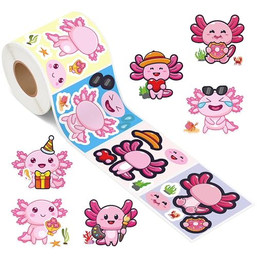 300Pcs Axolotl Make a Face Stickers Roll Cute Kawaii Cartoon Mexican Salamander Make Your Own Animal Stickers Mix and Match DIY Art Crafts Classroom Activity Game Birthday Party Favors Gift, 6 Designs