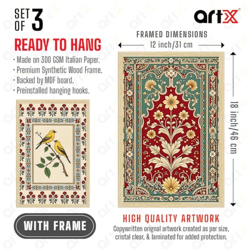 Image of ArtX Paper Madhubani Paintings with Frame for Home Decor Wall Art, Wall Paintings for Living Room, Multicolor, Natural Wood Color Frames, 12.0x18.0 inch, Set of 3