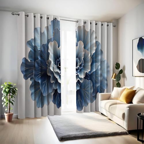 TMMDH PeoníA Azul Cortinas Opacas Blanco Puro Cortinas Termicas aislantes Frio y Calor Tres Pisos Tela Suave Tres Pisos Tejido 2 Piezas 140x220 cm para Salon