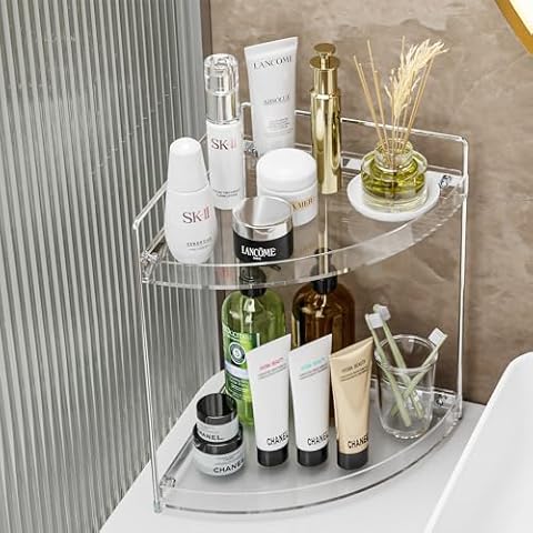 KINGBERWI 2 Tier Corner Makeup Organizer for Vanity, Acrylic Bathroom Countertop Organizer, Clear Skincare Perfume Tray Organizers and Storage Shelf Cover