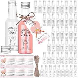 50 Pack Happy Galentine's Day Party Favors Mini Liquor Bottles 1.7oz/50ml Empty Plastic Reusable Small Alcohol Bottles with Silver Screw Caps Tags Twines for Wine Drinks Juicing Supplies