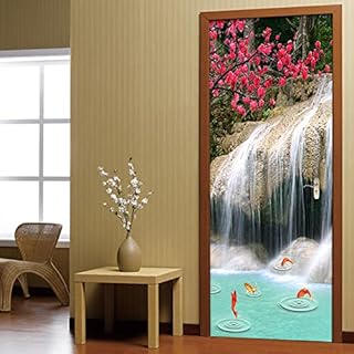 PSSR Autocollants de porte 3D Peintures murales de porte Décoller et coller Autocollants Paysage de cascadeMiroir Carreaux de miroir Décoration murale 95x215cm