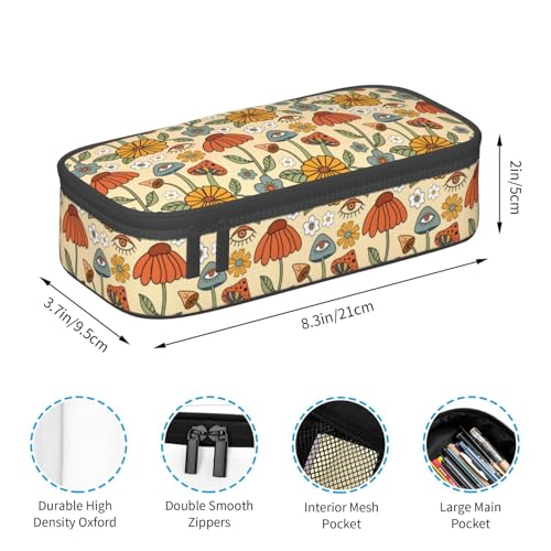 Image of 70s Retro Hippie Floral Mushroom Pencil Case Organizer Big Capacity Pencil Pouch Stationery With Zipper School Supplies Pencil Bag For Girls Boys Office