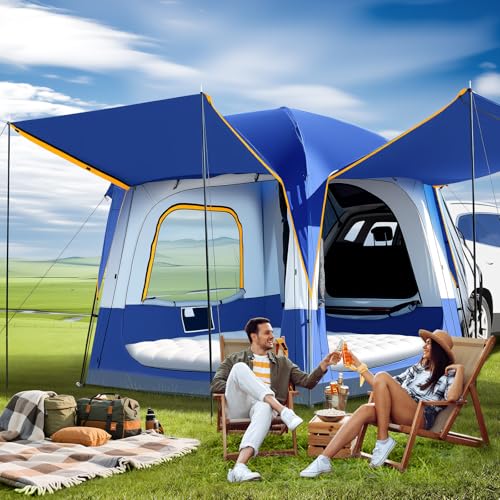 SUV Tents for Camping, Car Tents for Camping 4-6 People, PU 3000mm Waterproof SUV Tent Attachment Tailgate Tent for Car, Spacious Space 8.2'L x 8.2'W x 7.2'H with 2 Awnings & Double Door