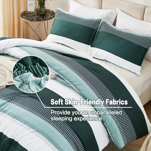 Litanika Dark Emerald Green Bed Comforter Twin/Twin XL Set, 2 Pieces Twin Extra Long Size Boys Men Forest Bedding Set, Single Colorblock Striped Bed Set