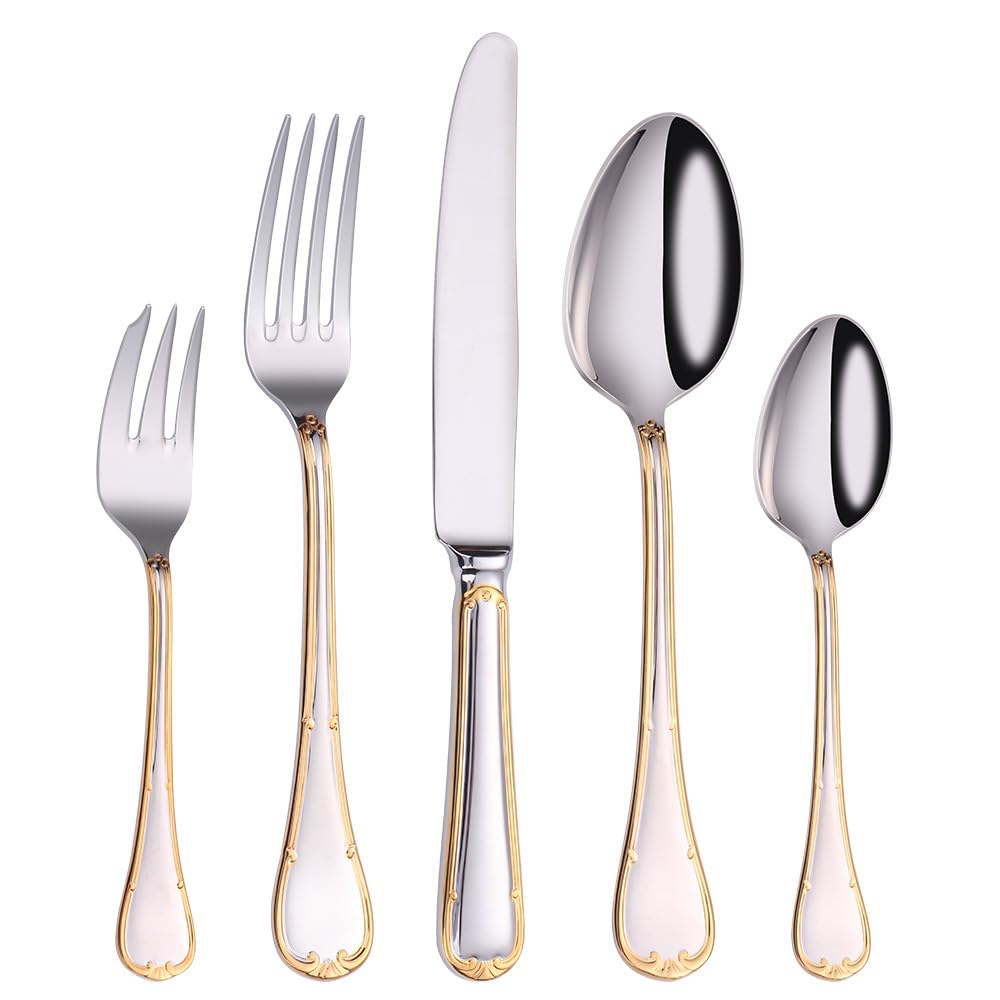 Gold-Rimmed Gilded Handle Kitchen Stainless Steel Silverware Tableware Flatware Cutlery Set Steak Knife Fork Spoon Teaspoon (5 pieces)