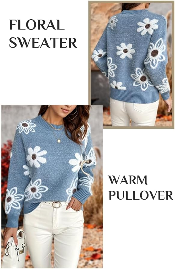 Womens Long Sleeve Floral Graphic Sweaters, Crewneck Ribbed Knit Pullover Tops Loose Fit Trendy Casual Outfits - Image 4
