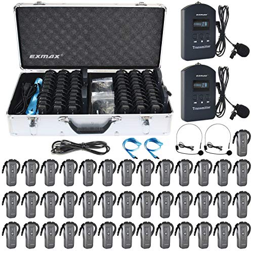 EXMAX EXD-6688 Equipo de Auriculares de Traducción Inalámbricos 2.4GHz con Función de Mute para Conferencia con 2 Transmisores y 40 Receptores