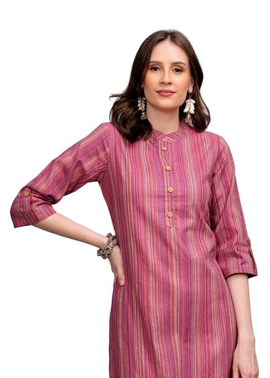 RAINA CREATION Women’s Striped Cotton Straight Mandarin Collar Kurta (Pink) RAINA CREATION Women’s Striped Cotton Straight Mandarin Collar Kurta (Pink)