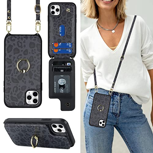Image of for iPhone 11 Pro Phone Case with Card Holder and Strap for Women,Crossbody Lanyard,Kickstand Ring Stand,Snap Clasp,Cute Phone Wallet Cases 5.8 inch(Black Leopard)