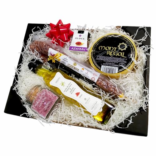 Jiloca Azafranes Cesta Navidad Gourmet para Regalar, Lote para Ocasiones Especiales con Embutidos Delicatessen, Aceite de Oliva, Queso de Oveja, Longaniza, Pétalos de Sal, Azafrán Hebra Selección