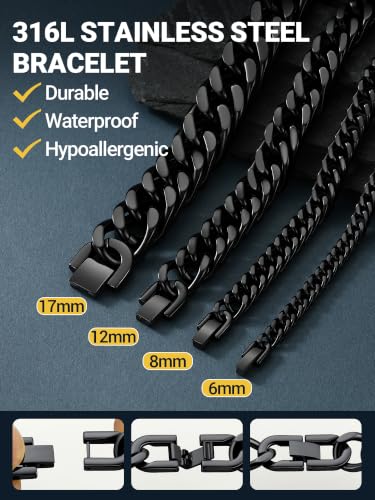 Image of PROSTEEL Bracelets for Men Cuban Link Mens Bracelet Stainless Steel, 14K Gold Plated /Silver /Black, 6 /8 /12 /17mm Width, 7.5 inch /8.3 inch /9 inch Length with Gift Box