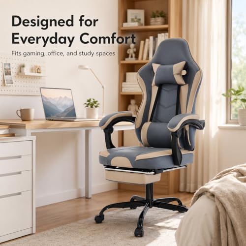 Image of Gaming Desk Chair for Adults, Ergonomic Gaming Chair with Footrest & Headrest and Lumbar Support, Leather Material Height Adjustable Computer Video Game Chairs (Beige+Blue)