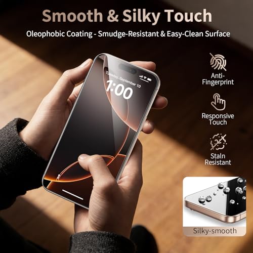 Image of 2 Pack for iPhone 16 Pro Screen Protector, 9H+ Hardness Tempered Glass Full Edge Coverage, Military-Grade Shatter Protection, HD Clear & Sensitive Touch, Easy Installation