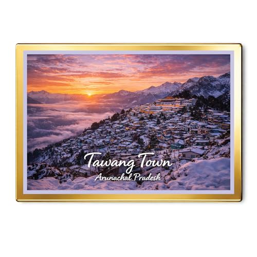 Image of Decorative Fridge Magnet with Glowing Border | Pack of 1 (Tawang Town, Arunachal Pradesh, 4x3 inch - Golden Border)
