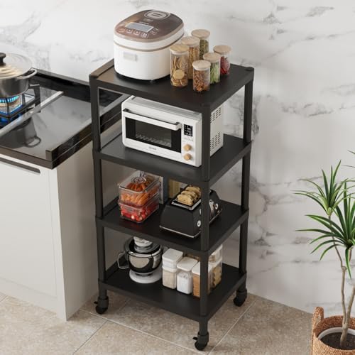 Image of HOME CUBE 4-Tier Storage Shelf with Plastic Shelves with Wheels Kitchen Organizer Rack Microwave Stand Bookshelf Standing Shelf Units Multipurpose Storage Rack for Living Room - 50x35x112 cm