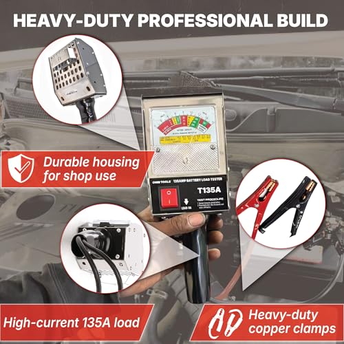 Image of Professional 135 Amp Battery Load Tester, 6V 12V Automotive Charging System Analyzer with Easy-Read Gauge, Copper Jaw Clamps for Car, Motorcycle, Marine Batteries