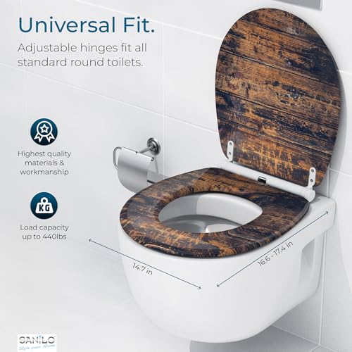 Image of Sanilo Wooden Toilet Seat with Quick Release & Soft Close [ROUND] - Decorative & Slow Close Molded Wood Seat - With One Click for Easy Installation & Cleaning - With Adjustable Fit (Vintage)