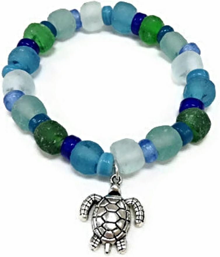 Mermaid Aloha Multi-Colored Beach Glass with Turtle Pendant Hawaiian Bracelet