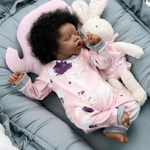 Muñeca Reborn 18" Africana con Pelo Rizado y Onesie Rosa miniatura 1