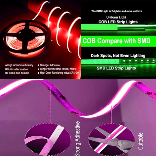 Image of COB Strip Lights,DC12V 16.4ft /5m Super Bright Dimmable 51200LM LED Light Strips, High Density Non-Waterproof 2560 LEDs Ribbon Light, More Evener Lighting Than SMD Strip Lights (Green)