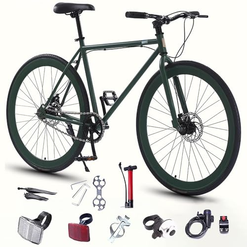 Bicicleta de Carretera 700C, Bicicleta Urbana Single Speed con Freno de Disco Doble, Cuadro de Acero de Alto Carbono, Bicicleta Ligera para Adultos con Guardabarros D