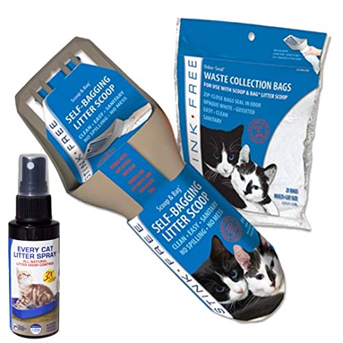 Stink Free Cat Scooper & Bag - Self-Bagging & Poop Scooping Kitty Litter Scoop (with 21 Free Samples of Odor Seal Cat Waste Litter Bags for Poop & Urine & Every Cat Litter Spray) Cleaning Supplies