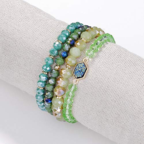Image of Gold Beaded Bracelet Set, Square Stone Hexagon Druzy Stretch Beaded Stackable Bracelets Bangles
