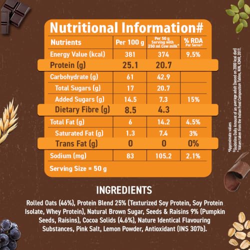Image of Bagrry's High Protein Oats with 25g Protein per 100g- 750g Pouch | Dark Chocolate Oats with Raisins & Pumpkin Seeds | Whey Protein & Plant Protein Blend | High Fibre Breakfast Cereal | Instant High Protein Meal | Rolled Oats | No Refined Sugar | No Added Preservatives | Non GMO