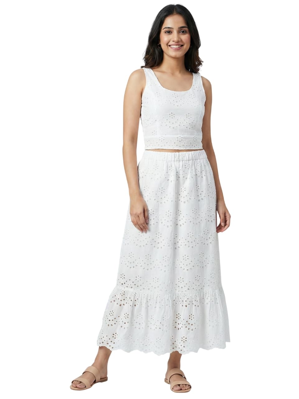Women White Schiffli Embroidered Pure Cotton Co-ord Set-image-25