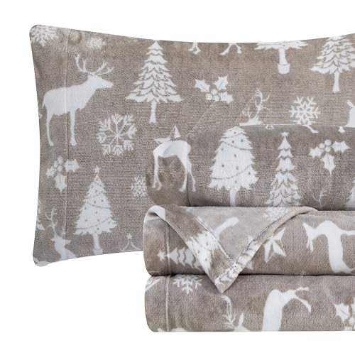 Elegant Comfort Luxuriously Soft 4-Piece Holiday Velvet Plush Flannel Sheet Set - Premium Quality - Cozy Warm, Christmas Fuzzy Velvet Flannel Fleece Deep Pocket Sheet Set - Twin, Silver Reindeer