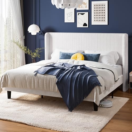 Image of Allewie King Size Platform Bed with Corduroy Wingback Headboard, White | 1000 lb Capacity, Corduroy Wingback Headboard, Vertical Channel Design, Wood Slat Support, No Box Spring Needed /Easy Assembly