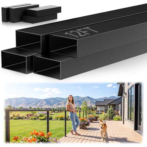 Image of 12FT Black Stainless Steel Cable Railing Handrail with POM Connector | 4 Pack Rectangular Cuttable Handrail, 2-3 /8 inchx1-3 /16 inch Flat Top Hand Railing, Deck Handrail for Indoor Outdoor Railing System