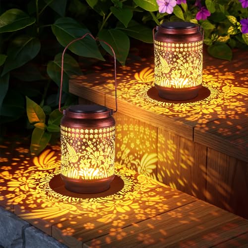 BUCASA Regalos para mujeres, mamá, abuela, farolillo solar, 2 unidades, metal colibrí, lámparas solares para exteriores, IP65, resistentes a la intemperie, 2 modos, luces solares para decoración de