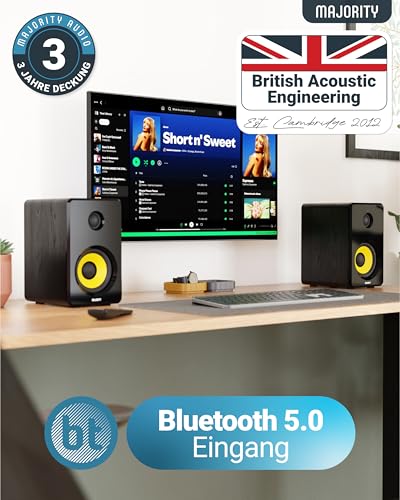MAJORITY D40X Aktiv Regallautsprecher | 70W 2.0 Gelber Kevlar-Kegel Monitor Lautsprecher | Studio Monitor mit Bluetooth | Bookshelf HiFi Speakers mit Optische, RCA, USB AUX & Inklusive Fernbedienung – Bild 4