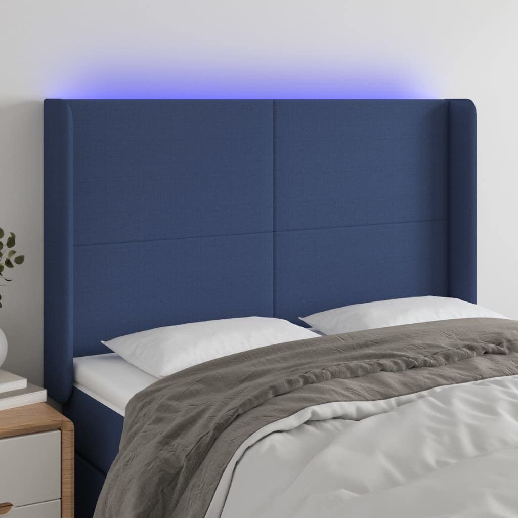 Cabecero de cama LED azul, 147 x 16 x 118/128 cm, altura regulable, acogedora almohadilla de pared con tira LED multicolor, diseño moderno para dormitorios y habitaciones juveniles