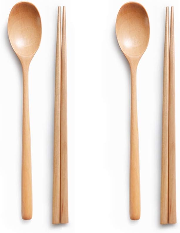 Ecloud Shop® Wooden Spoon Chopsticks Sets Korean Dinnerware Combinations 2pcs