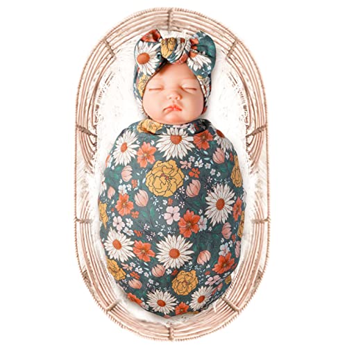 Image of Konssy Baby Girl Newborn Receiving Blanket with Headband Set Baby Swaddle Floral Motif Nursery Swaddle Wrap (Green)