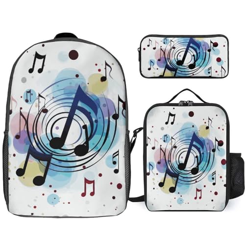 3 Piece Backpack for Women Men Lightweight Causal Daypack Shoulder Bag Set with Insulated Lunch Bag And Pencil Case Organizers Polka Dot Music Note