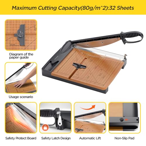 12 Inch Wood Guillotine Paper Cutter, Heavy Duty Paper Trimmer with 32 Sheets Capacity Paper Cutting Board for Classroom, Crafting, Cardstock, Art Projects image 8