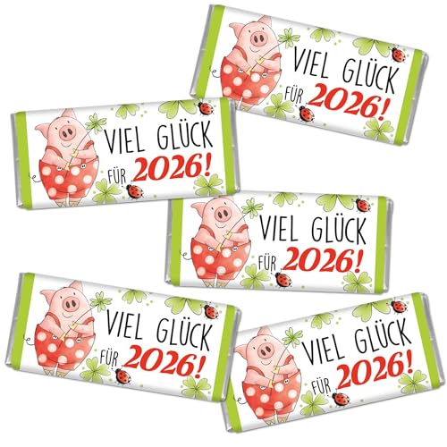 STEINBECK Mini Schokolade Silvester Neujahr - Viel Glück für 2026-5x18g Geschenk Tischdekoration Jahreswechsel Glücksschwein