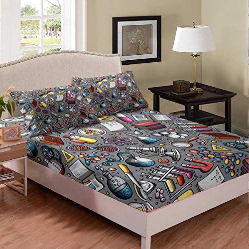 Laboratory Bedding Set Chemistry Lab Bed Cover For Kids Teen Boys Young Man Test Tube Microscope School Graffiti Fitted Sheet Chemical Elements Science Theme Bedclothes 2Pcs Twin Size Gray #TOP14