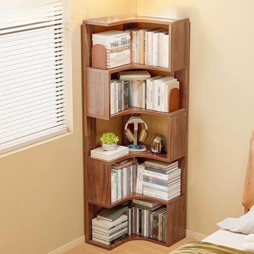 Estantería esquinera de 5 niveles con almacenamiento para dormitorio, baño, espacio pequeño, acabado de madera natural