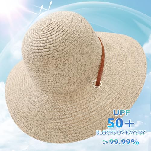 Image of Womens Beach Sun Straw Hat, Wide Brim Sun Hat Travel Foldable Summer Wind Lanyard UPF 50+