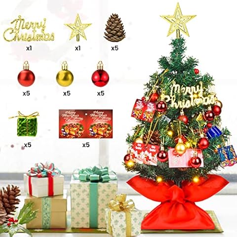 Kocaxy 20" Tabletop Mini Christmas Tree Set with Clear LED Lights, Star Treetop and Ornaments, Battery Operated Artificial Xmas Tree, with 35 LED Lights/ 8 Flash Modes, for Holiday Indoor Decor Cover