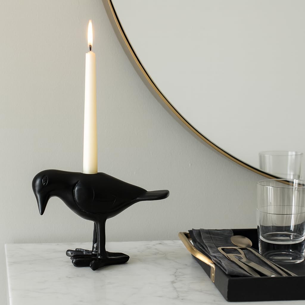 Decorative Crow Taper Candle Holder - Versatile Bird Candle Stand Holder for Shelf, Office Desk, or Mantle Accent - Contemporary Candlestick Holder for Table Centerpiece or Home Decor - 4" Black