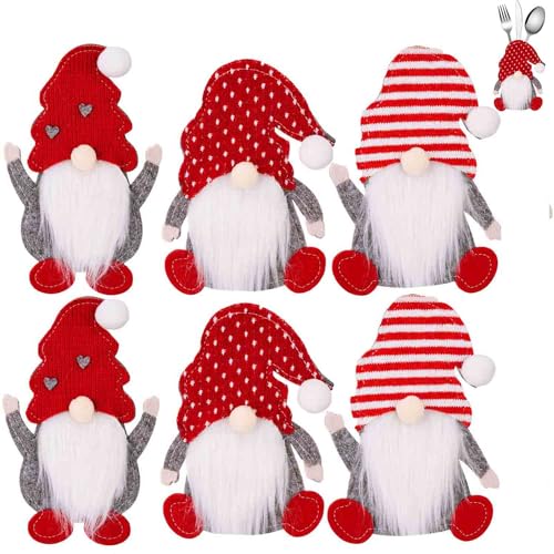 AuFiiy Soporte para cubiertos de Navidad, 6 unidades, gnomo de Navidad, decoración de mesa de cena