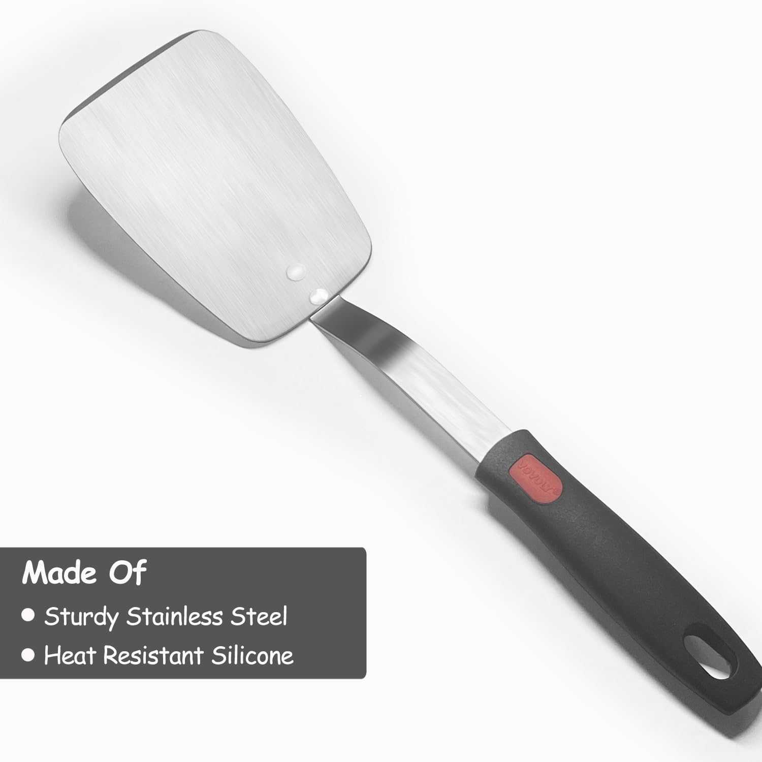 VOVOLY - Juego de 2 espátulas de acero inoxidable, espátula de metal para uso en cocina, espátula de cocina resistente, hoja ancha con borde biselado, mango de silicona resistente al calor, apto para